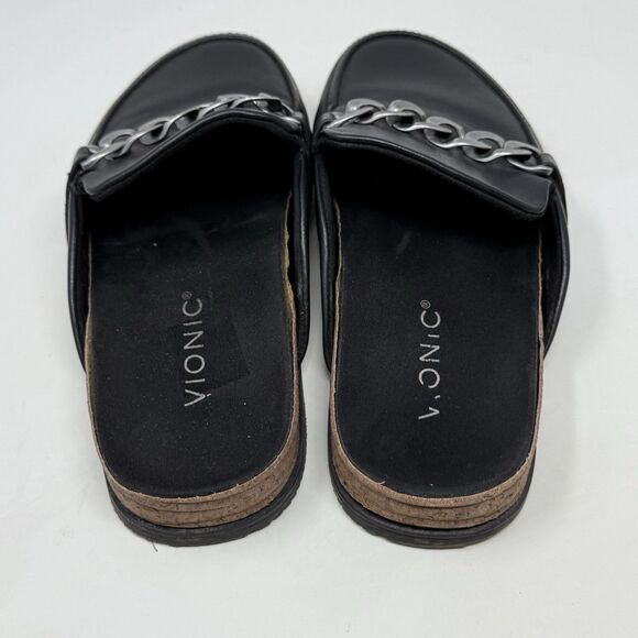 Vionic Georgie Mules Womens 8 Black Leather Silver Chain Slip On Comfort Flats - Picture 9 of 15